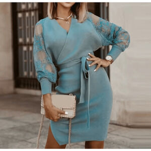 Womens Lace Knit Dress Long Sleeve Bodycon Sweater Dress
